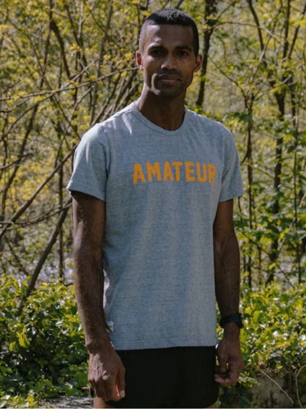 Tracksmith Varsity Cotton Gray w Yellow Amateur Short Sleeve Grayboy Tee Top M